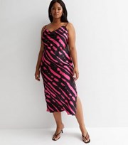New Look Curves Pink Abstract Satin Cowl Neck Strappy Midi Dress